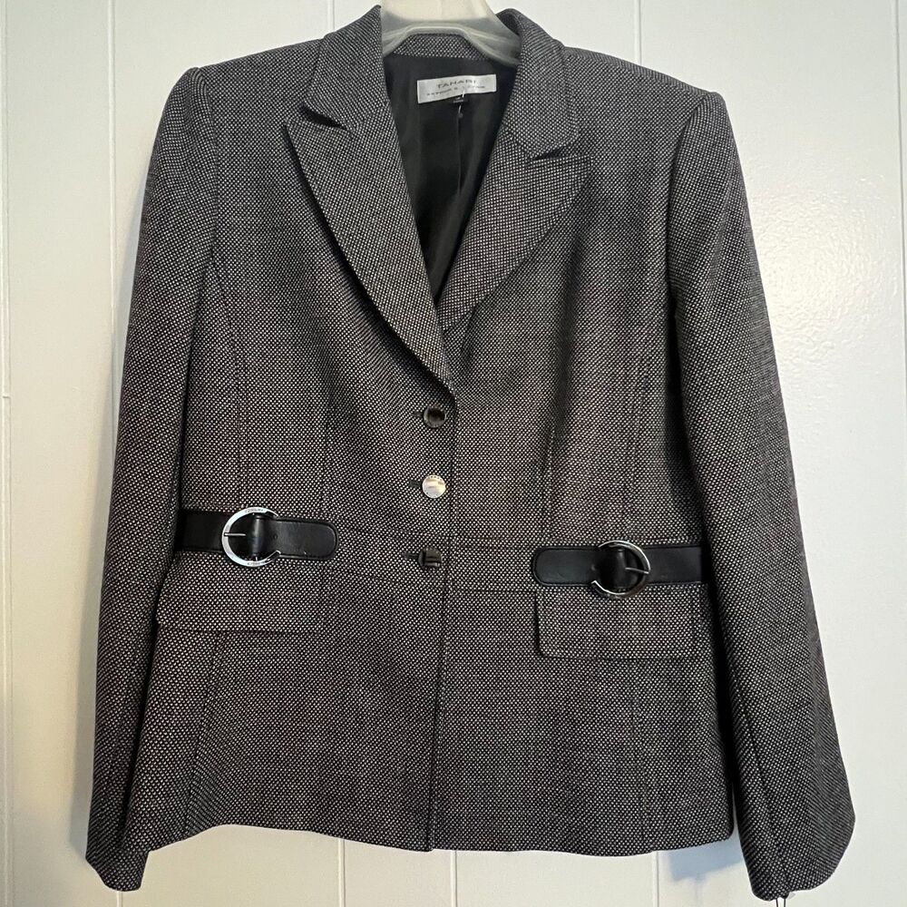 Tahari ASL - Satin-Lined Wool Suit Jacket Blazer - Black & White sz 14 NWT